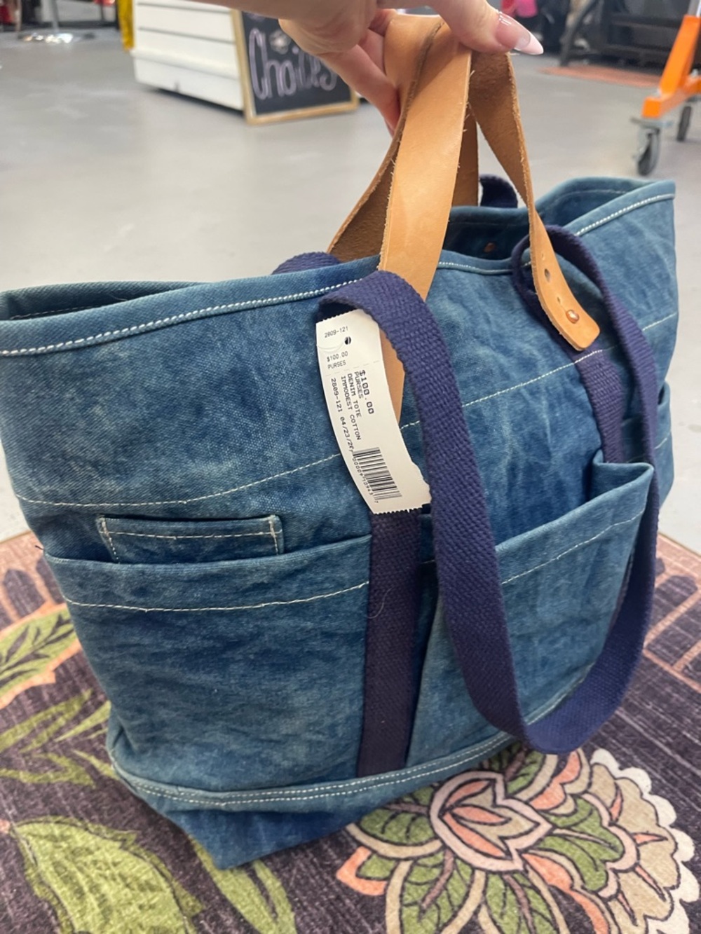 Blue Canvas Multi-Pocket Tote with Leather Top Handles - Picture 4 of 8